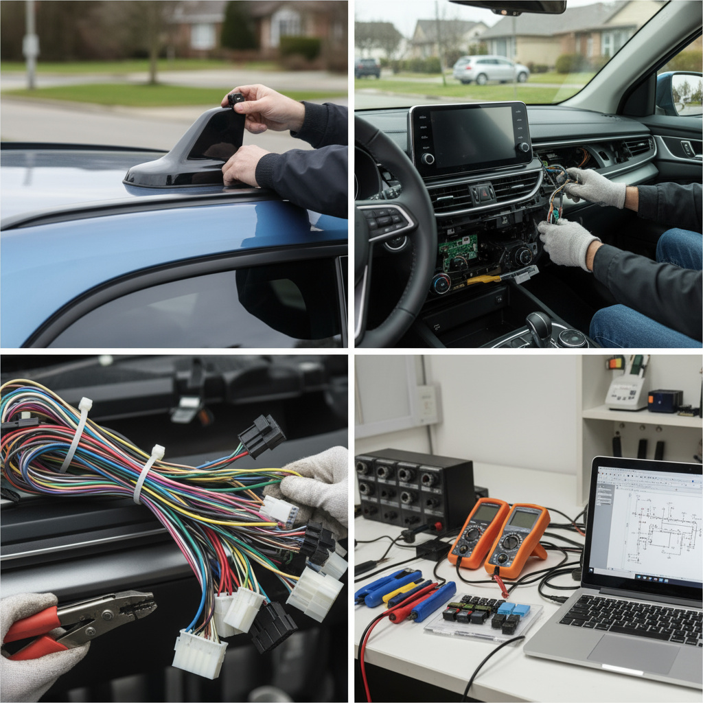 Collage de servicios: antena, tablero y cableado
